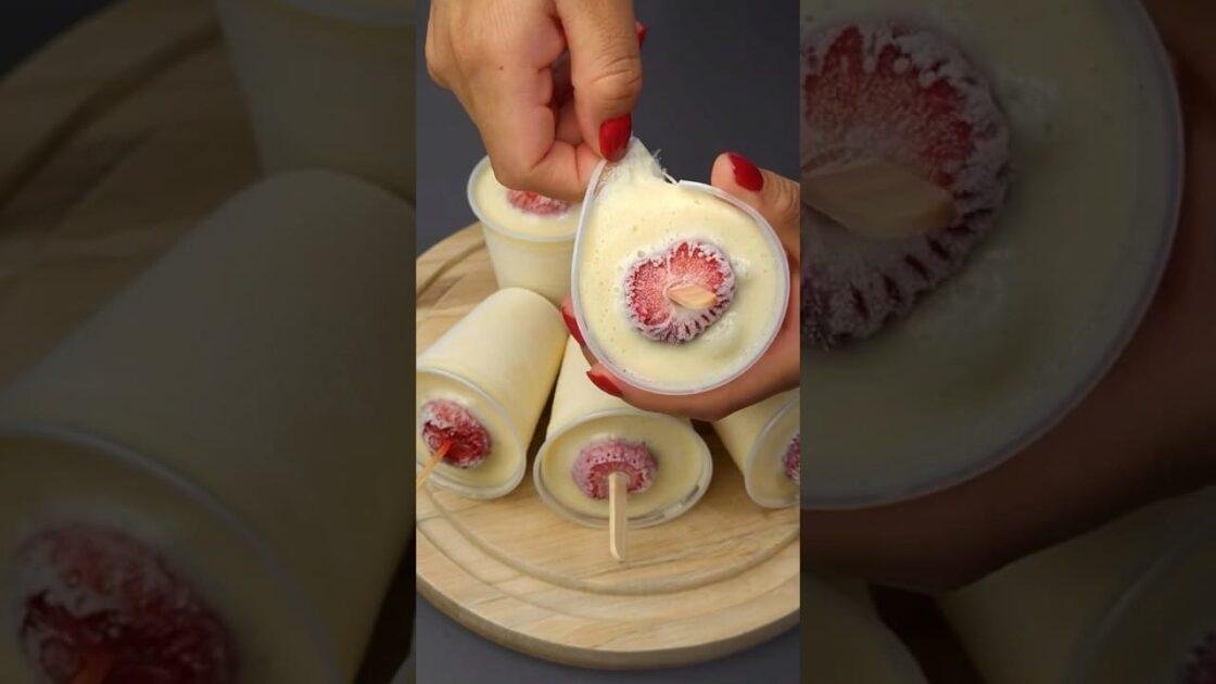 O Picolé Caseiro Mais Fácil e Delicioso: Creme de Leite com 3 Morangos 1 Picolé Caseiro